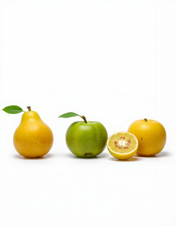 Fruits isolated on white background. Apple, pear and orange.の写真素材