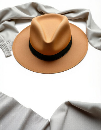 Beige hat and scarf isolated on white background. Top view.の写真素材