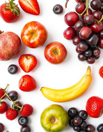 Fruits and berries on a white background. Top view. Flat lay.