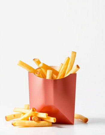 French fries in a red paper box on a white background with copy space
