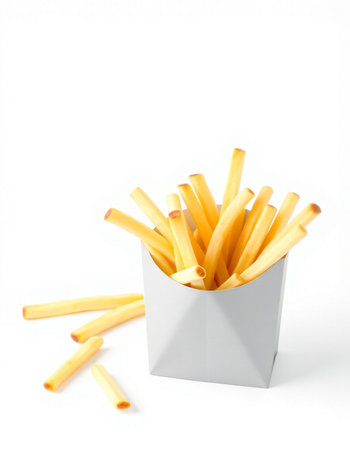 French fries in a white box on a white background. Isolated