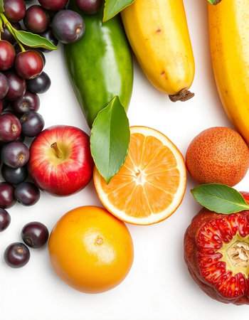 Fruits and vegetables isolated on a white background. Top view.の写真素材
