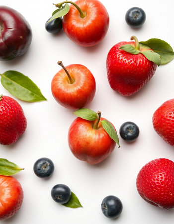 Fresh strawberries, blueberries and cherries on a white background.の写真素材
