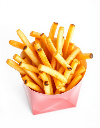 French fries in a pink box on a white background. Isolated