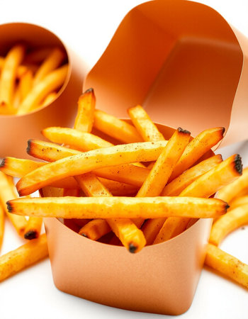 French fries in paper box on white background. Selective focus.