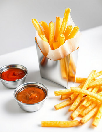 French fries with ketchup on a white background. Fast food.