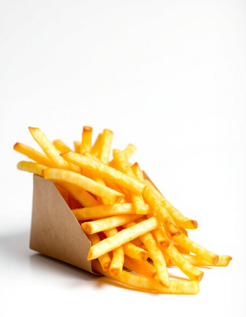 Golden French fries in a paper box isolated on a white background.