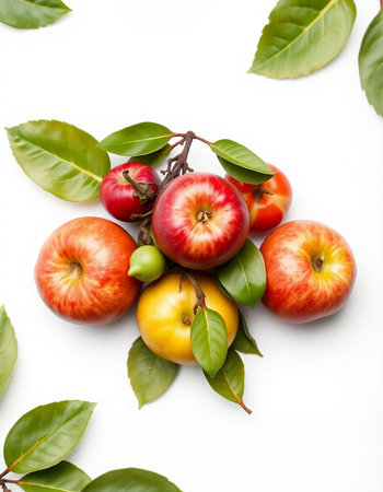 Apples and leaves on white background. Flat lay, top view.の写真素材