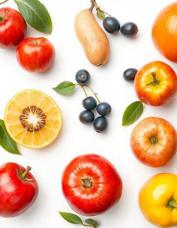 Composition with fresh fruits and vegetables on white background, top viewの写真素材