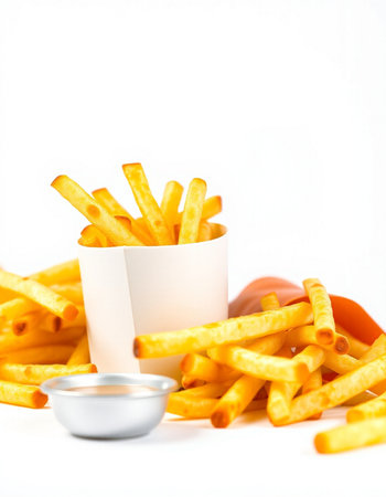 French fries in a paper cup with tomato sauce on a white background