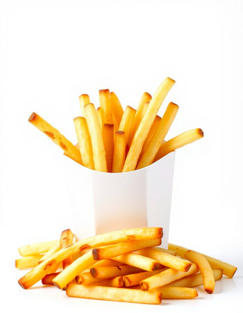 French fries in a white paper cup isolated on a white background.