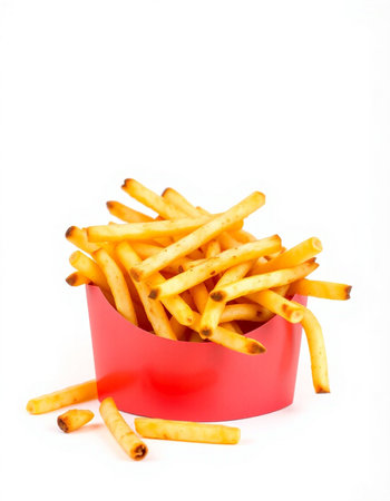 French fries in a red box on a white background. Isolated
