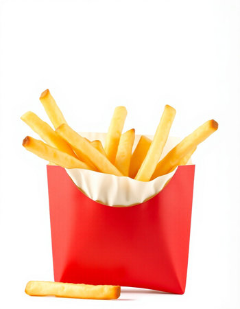 French fries in a red box on a white background. Isolated
