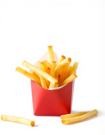 French fries in a red box on a white background, fast food