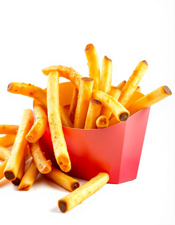 French fries in a red box on a white background. Isolated