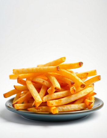 Golden French fries potatoes in blue plate on white background. Selective focus.の写真素材