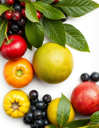 Fruits and vegetables isolated on a white background. Top view.の写真素材