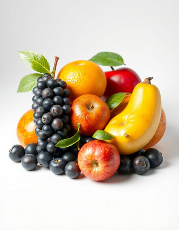Fruits and berries on a white background. Healthy food concept.