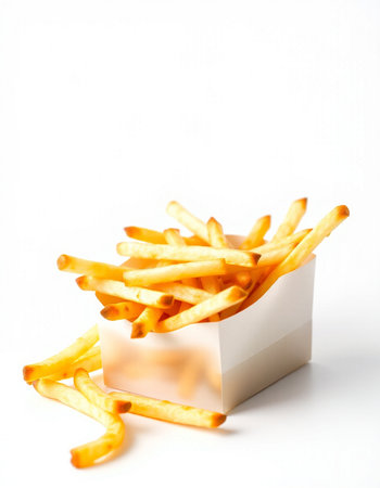 French fries in a white box on a white background. Copy space.の写真素材