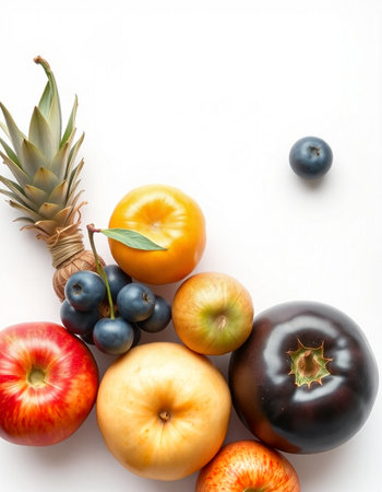 Fruits and vegetables on white background. Healthy food concept. Top view.