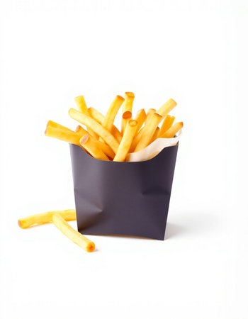 French fries in paper box isolated on white background. Fast food.の写真素材
