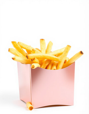 French fries in a pink box on a white background. Selective focus.
