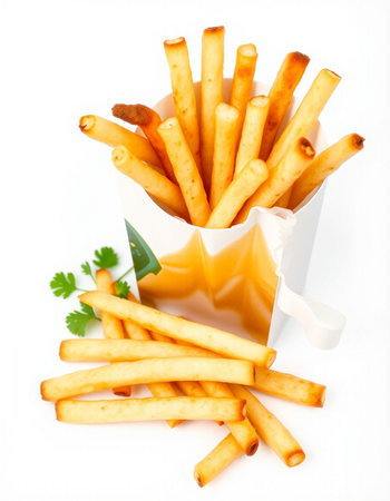 French fries in a paper box on a white background. Selective focus