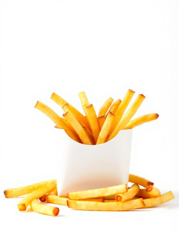 French fries in a white box on a white background. Isolated