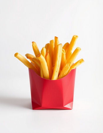 French fries in a red box on a white background, fast food