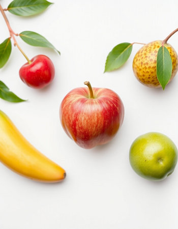 Fruits on a white background, top view, flat lay.の写真素材
