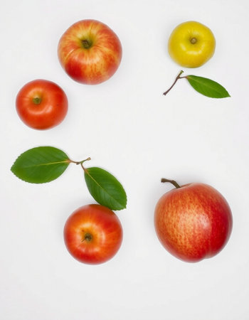 Red and yellow apples with green leaves isolated on a white background.の写真素材
