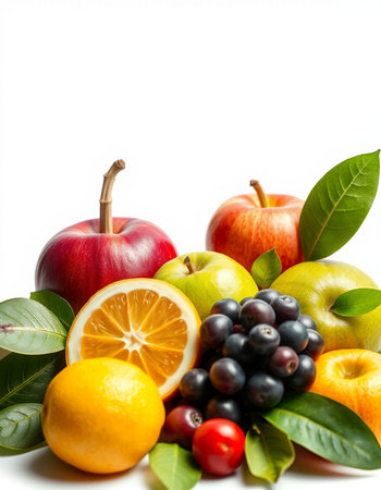 Fruits isolated on white background. Healthy food and nutrition concept.