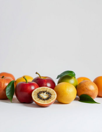 Fruits on a white background. Orange, lemon, apple, grapefruit, tangerineの写真素材