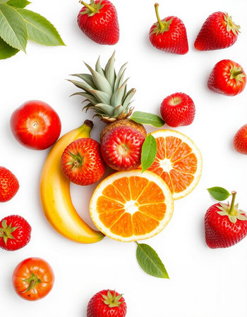 Strawberries, oranges, bananas and strawberries on a white backgroundの写真素材