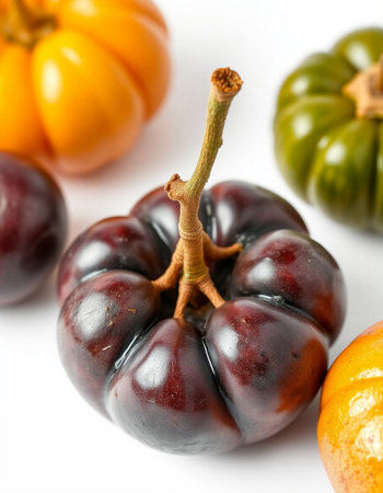 Colorful tomatoes and peppers on white background, close-up.の写真素材