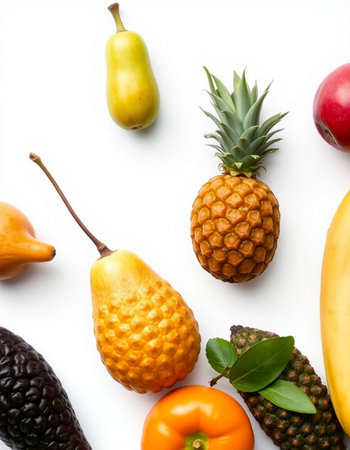 Fruits and vegetables isolated on white background. Flat lay, top viewの写真素材