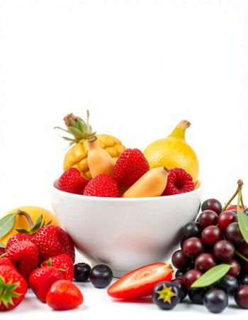 Mix of fresh fruits and berries in a bowl isolated on white backgroundの写真素材