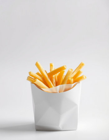 French fries in a white paper box on a white background with copy space