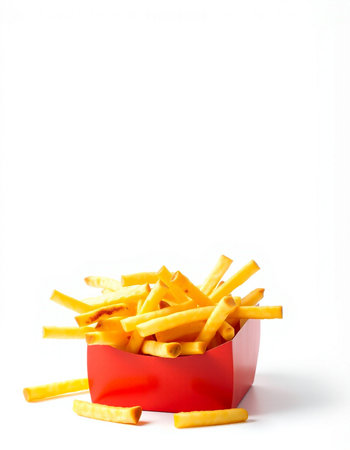Golden French fries in a red box on a white background with copy space