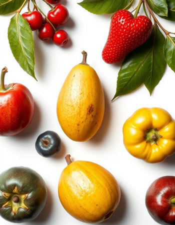 Fruits and vegetables on white background. Flat lay, top viewの写真素材
