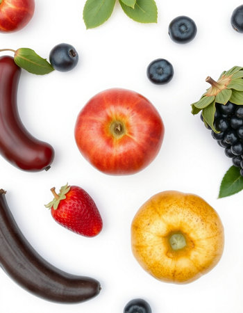 Fruits and berries on white background. Top view. Flat lay pattern
