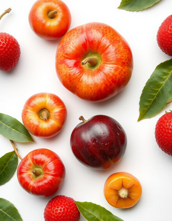 Red apples and plums with leaves on white background, top viewの写真素材