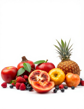 Fruits and berries isolated on white background. Healthy food concept.