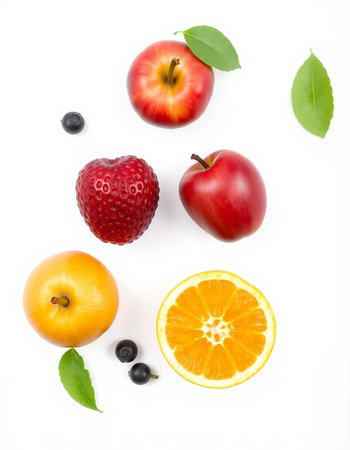 Fruit composition isolated on white background. Flat lay, top viewの写真素材