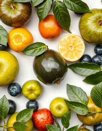 Fruits and berries on white background. Flat lay, top viewの写真素材