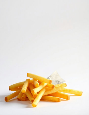 Golden French fries on a white background with space for your text.の写真素材