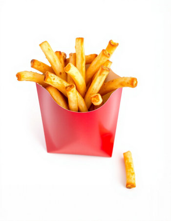 French fries in a red box on a white background. Isolated