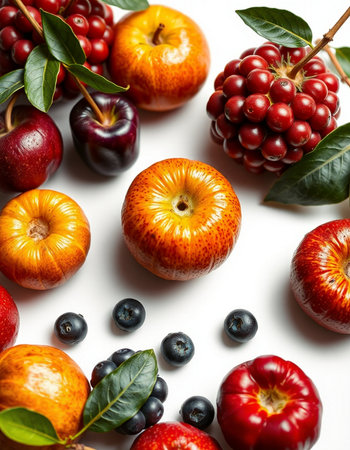 Fruits and berries on a white background. Flat lay, top view.