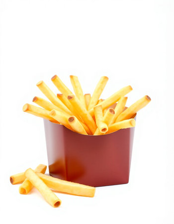 French fries in a red box on a white background, isolate.