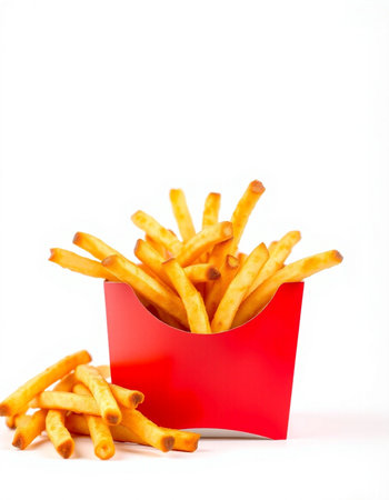 French fries in red box isolated on white background. Selective focus.
